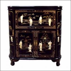 Oriental gloss black lacquer Mother of Pearl compact bar cabinet.