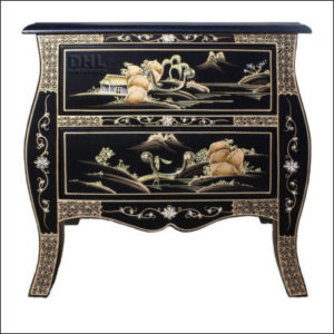 Matte red Chinoiserie furniture side cabinet with curved sides and 2 drawers